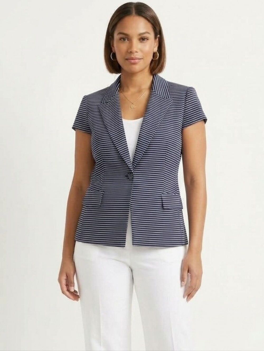 The Limited Navy Blue White Striped Cap Sleeve Blazer Single Button Size Large